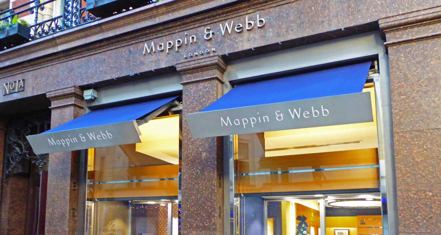 SQ2 commercial retractable awning for Mappin & Webb in Mayfair, London by Deans Blinds